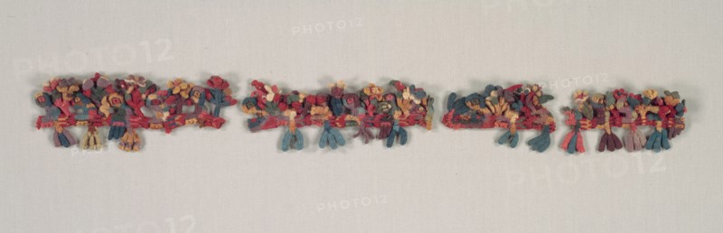 Border Fragment with Birds and Flowers, 100 BC-700. Peru, South Coast, Nasca style (100 BC-AD 700). Camelid fiber, cross-knit looping (reversible); overall: 6.3 x 14.1 cm (2 1/2 x 5 9/16 in.).
