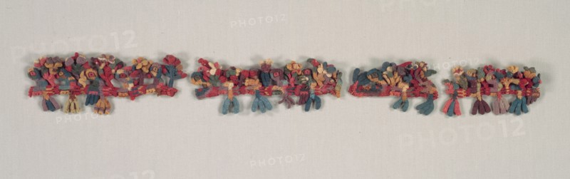 Border Fragment with Birds and Flowers, 100 BC-700. Peru, South Coast, Nasca style (100 BC-AD 700). Camelid fiber, cross-knit looping (reversible); overall: 5.4 x 8.9 cm (2 1/8 x 3 1/2 in.).