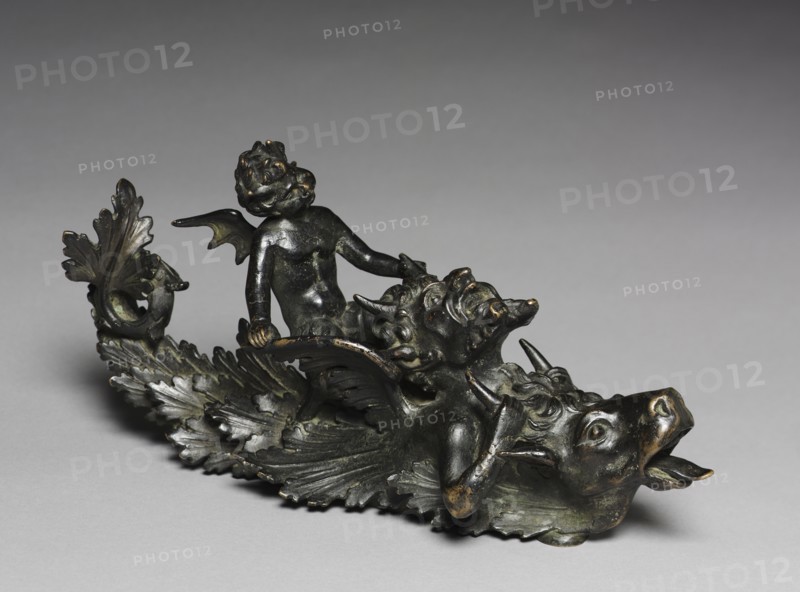 Doorknocker with a Satyr Pulling an Ox's Horns, 1800s. Andrea Riccio (Italian, c. 1470-1532). Bronze; overall: 8.8 x 25.2 x 8.8 cm (3 7/16 x 9 15/16 x 3 7/16 in.).