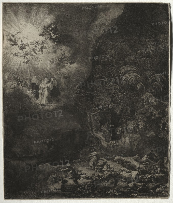The Angel Appearing to the Shepherds, 1634. Rembrandt van Rijn (Dutch, 1606-1669). Etching, with drypoint, engraving and sulfur tint; sheet: 26.3 x 22 cm (10 3/8 x 8 11/16 in.); platemark: 26 x 21.9 cm (10 1/4 x 8 5/8 in.)