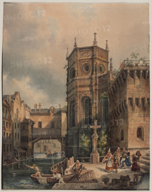 Scene on a Canal, first half 1800s. Hippolyte Jean Baptiste Garnerey (French, 1787-1858). Watercolor heightened with white gouache; framing lines in black [ink?]; sheet: 18.1 x 14.4 cm (7 1/8 x 5 11/16 in.).