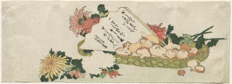 Basket with Fan, Chrysanthemums, and Mushrooms, early 1800s. Attributed to Katsushika Hokusai (Japanese, 1760-1849). Color woodblock print; sheet: 19.1 x 52.8 cm (7 1/2 x 20 13/16 in.).