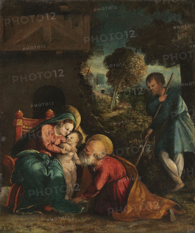 Holy Family with a Shepherd, early 1520s. Battista Dossi (Italian, ca. 1490-1548). Oil on canvas; unframed: 38.7 x 32 cm (15 1/4 x 12 5/8 in.).