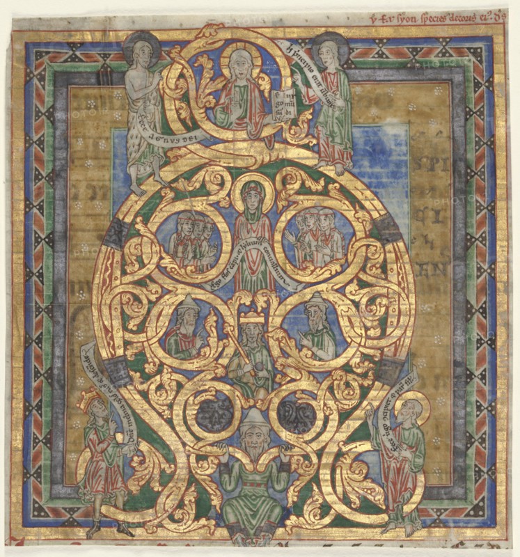 Cutting from an Antiphonary:  Initial A[spiciens a longe]: The Tree of Jesse, c. 1115-1125. Germany, Meuse Valley, 12th century. Ink, tempera, and gold on vellum; sheet: 18 x 16 cm (7 1/16 x 6 5/16 in.).