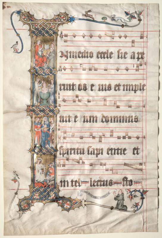 Leaf from the Wettinger Gradual: Historiated Initial (I) with Scenes from the Life of St. Augustine, c. 1330. Second Master of the Wettinger Gradual (German). Ink, tempera, and gold on parchment; sheet: 57.9 x 38.3 cm (22 13/16 x 15 1/16 in.); framed: 61.6 x 76.8 cm (24 1/4 x 30 1/4 in.); matted: 71.1 x 55.9 cm (28 x 22 in.).