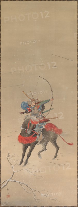 Warrior mounted on a Horse, 18th-19th century. Japan, Edo (1615-1868) - Meiji (1868-1912) periods. Hanging scroll; color on silk; overall: 107 x 41.3 cm (42 1/8 x 16 1/4 in.).