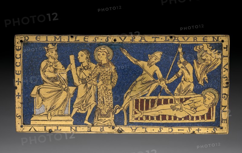 Condemnation and Martyrdom of Saint Lawrence, c. 1180. Germany, Lower Saxony, Hildesheim?, Romanesque period, 12th century. Gilded copper, champlevé enamel; overall: 9.6 x 20.8 x 0.2 cm (3 3/4 x 8 3/16 x 1/16 in.).