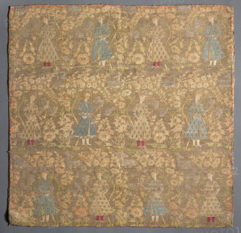 Twill weave with falconers amid rose bushes, 1650-1699. Iran, Safavid period (1501-1722). Twill weave with complementary and discontinuous weft: silk and silver-metal thread; overall: 47.7 x 47.7 cm (18 3/4 x 18 3/4 in.)