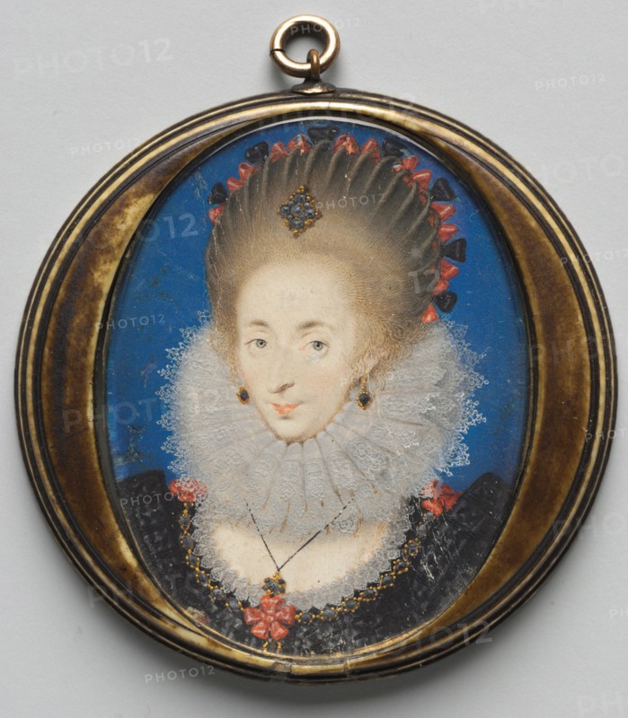 Portrait of Lucy Russell, Countess of Bedford, née Harrington, 1612. Studio of Isaac Oliver (French, c. 1565-1617). Watercolor on vellum with gold and silver in original stained ivory case; unframed: 5.3 x 4.2 cm (2 1/16 x 1 5/8 in.); diameter of frame: 5.9 cm (2 5/16 in.).