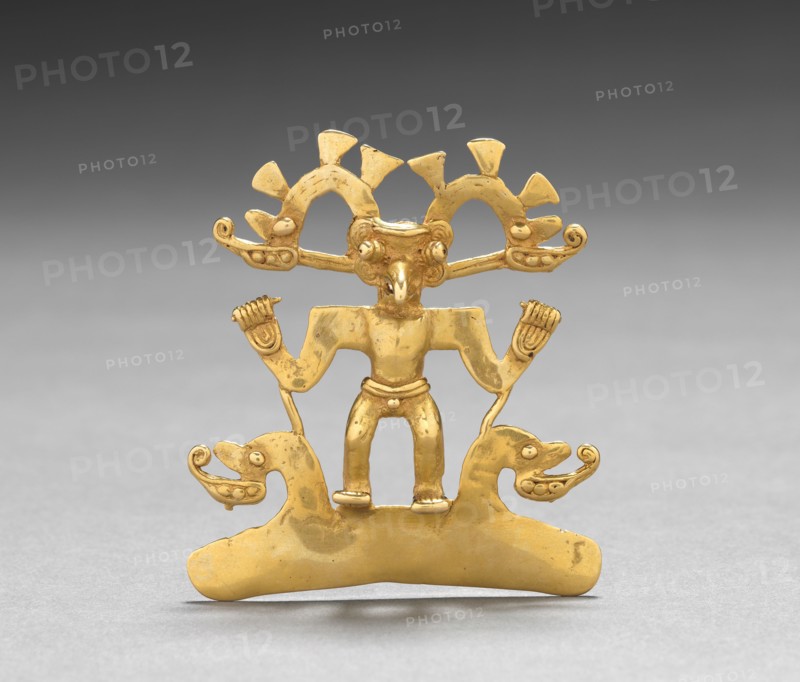 Bird-Man Pendant, c. 700-1550. Western Panama, or Diquís, Costa Rica, Veraguas-Gran Chiriquí or Diquís Style, 8th-16th Century. Cast and hammered gold; overall: 7.6 x 6.7 x 2 cm (3 x 2 5/8 x 13/16 in.).