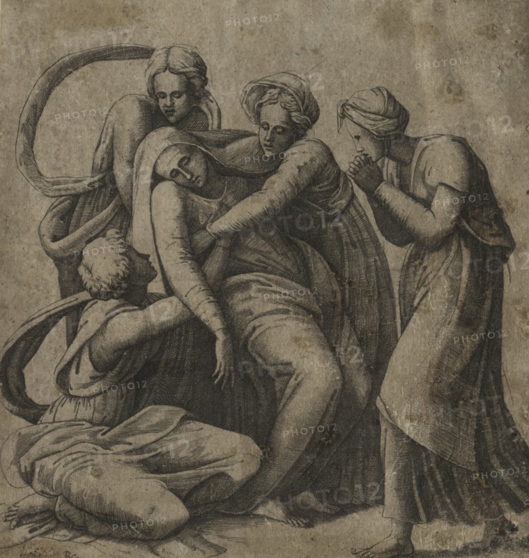 The Virgin Fainting in the Arms of Three Holy Women. Giulio Bonasone (Italian, c. 1510-aft 1576), after Raphael (Italian, 1483-1520). Engraving