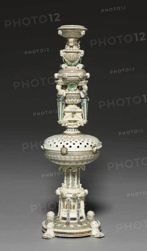 Flower Vase, c. 1520-1540. Saint-Porchaire (French). Lead-glazed white-paste earthenware, molded and inlaid slip decoration; diameter of top: 14.5 cm (5 11/16 in.); diameter of base: 45.7 x 17.2 cm (18 x 6 3/4 in.).