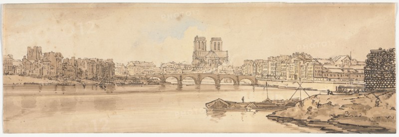 A Selection of Twenty of the Most Picturesque Views in Paris:  View of Pont de la Tournelle and Notre Dame taken from the Arsenal, 1802. Thomas Girtin (British, 1775-1802). Soft-ground etching with bistre wash