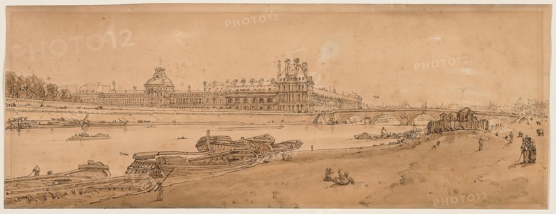 A Selection of Twenty of the Most Picturesque Views in Paris:  View of the Tuilleries and Bridge taken from Quay d'Orsay, 1802. Thomas Girtin (British, 1775-1802). Soft-ground etching with bistre wash