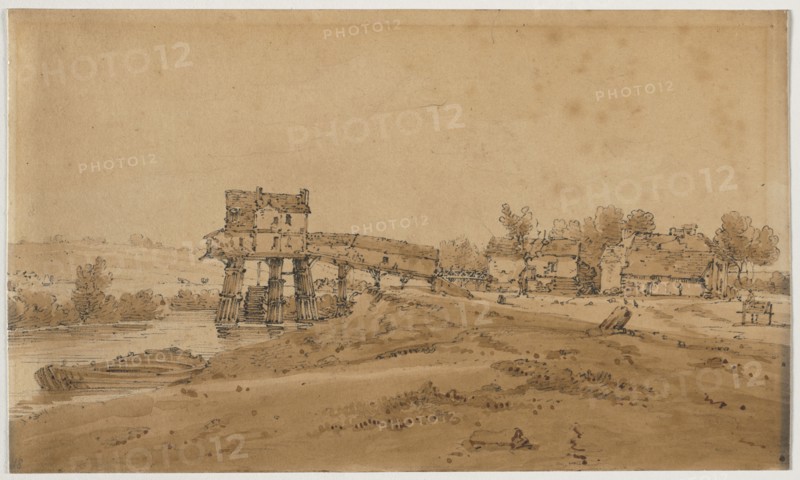 A Selection of Twenty of the Most Picturesque Views in Paris:  The Watermill above the Bridge at Charenton, 1802. Thomas Girtin (British, 1775-1802). Soft-ground etching with bistre wash