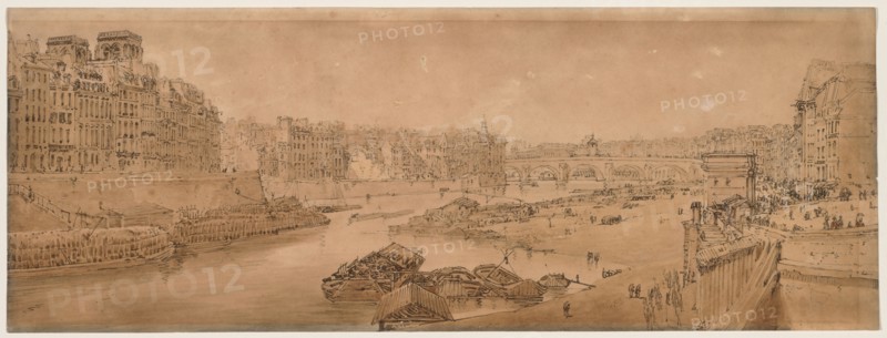 A Selection of Twenty of the Most Picturesque Views in Paris:  View of the City with the Louvre taken from the Pont Marie, 1802. Thomas Girtin (British, 1775-1802). Soft-ground etching with bistre wash