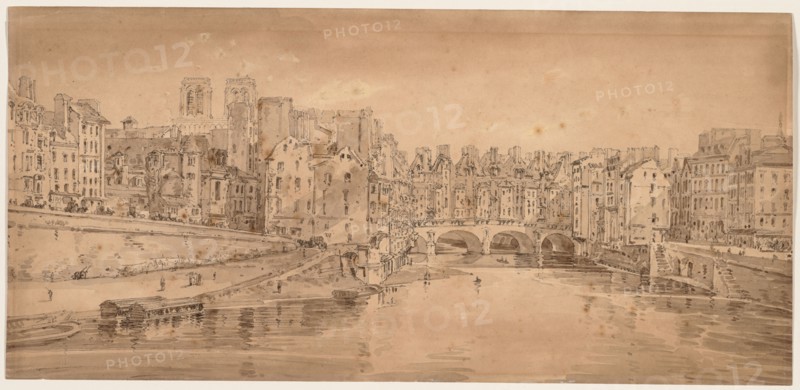 A Selection of Twenty of the Most Picturesque Views in Paris:  View of Pont St. Michel, taken from Pont Neuf, 1802. Thomas Girtin (British, 1775-1802). Soft-ground etching with bistre wash