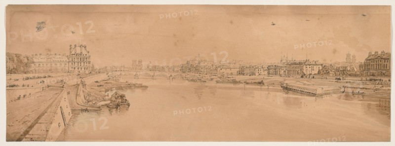 A Selection of Twenty of the Most Picturesque Views in Paris:  View of the Tuilleries and Bridge and taken from Pont de la Concorde, 1802. Thomas Girtin (British, 1775-1802). Soft-ground etching with bistre wash