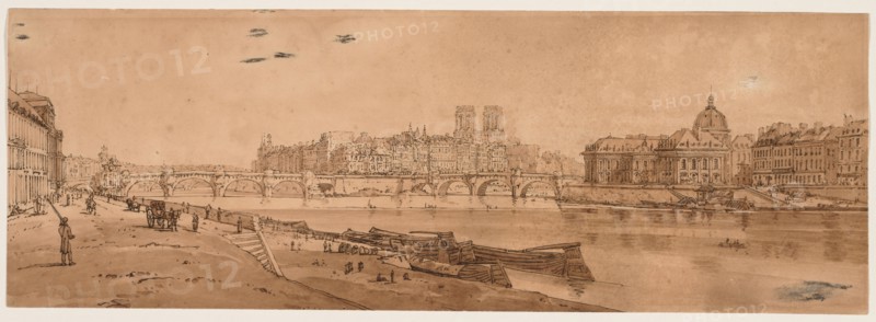 A Selection of Twenty of the Most Picturesque Views in Paris:  View of Pont Neuf, part of the Louvre, Notre Dame, and the College of Four Nations, 1802. Thomas Girtin (British, 1775-1802). Soft-ground etching with bistre wash