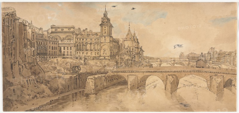 A Selection of Twenty of the Most Picturesque Views in Paris:  View of Pont au Change, the City Theatre, Pont Neuf, Conciergerie Prison, and taken from Pont Notre Dame, 1802. Thomas Girtin (British, 1775-1802). Soft-ground etching with bistre wash