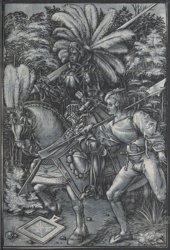 The Knight and  Lansquenet, c. 1512. Hans Wechtlin (German, 1480/85-aft 1526). Chiaroscuro woodcut (in blue and black); sheet: 27 x 18 cm (10 5/8 x 7 1/16 in.)