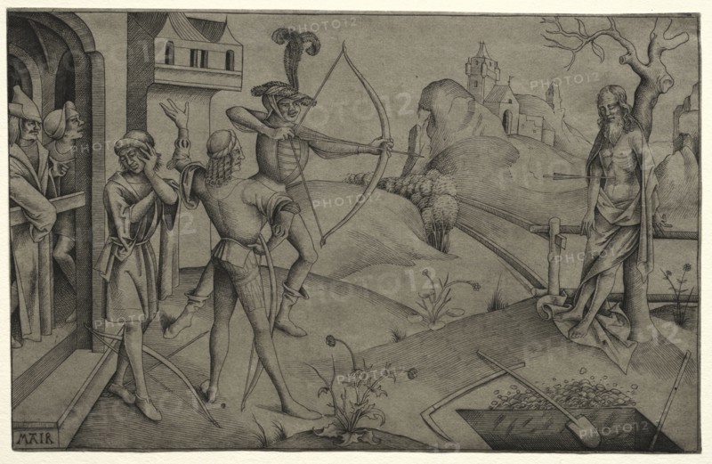 The King's Sons Shooting at their Dead Father's Body, 1495-1504. Nicolaus Alexander Mair von Landshut (German, 1520). Engraving