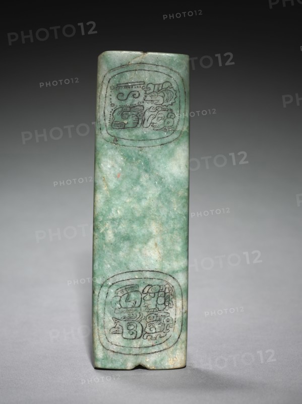 Bar Bead, 250-550. Mexico or Central America, Maya style (250-900). Jadeite-albitite, modern black pigment; overall: 4.6 cm (1 13/16 in.).