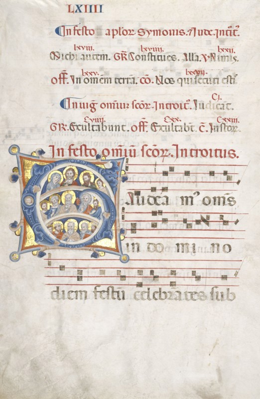 Leaf from a Gradual:  Initial (G) with Christ, the Virgin, and Apostles, c. 1300. Italy, Siena (?). Ink, tempera, and gold on vellum; sheet: 55.7 x 37.9 cm (21 15/16 x 14 15/16 in.).