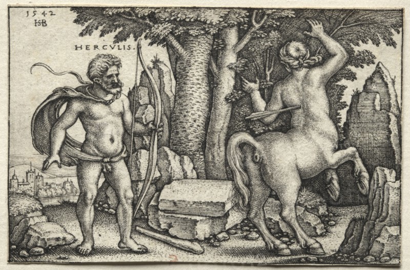 The Labors of Hercules:  Hercules Shooting Nessus, 1542. Hans Sebald Beham (German, 1500-1550). Engraving