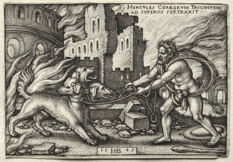 The Labors of Hercules: Hercules Dragging Cerberus from the Underworld, 1545. Hans Sebald Beham (German, 1500-1550). Engraving