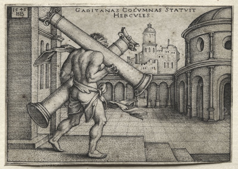 The Labors of Hercules:  Hercules Carrying the Columns of Gades, 1545. Hans Sebald Beham (German, 1500-1550). Engraving