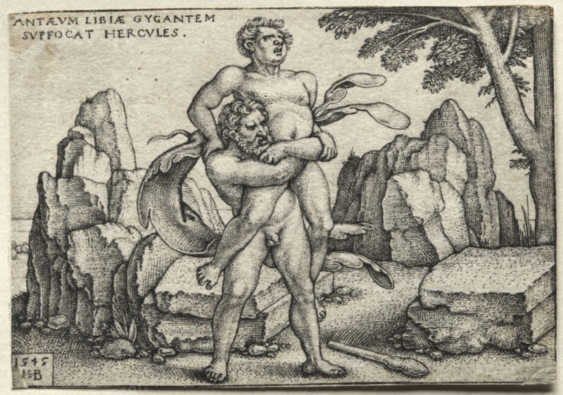 The Labors of Hercules: Hercules Crushing Antaeus, 1545. Hans Sebald Beham (German, 1500-1550). Engraving