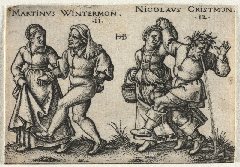The Peasant Wedding or the Twelve Months:  11-Martinus Wintermon 12-Nicolaus Cristmon, 1546. Hans Sebald Beham (German, 1500-1550). Engraving