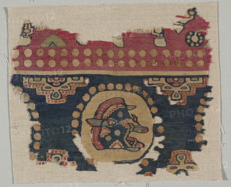 Hanging fragment with boar head, 600s - early 700s. Iran. Tapestry weave: wool and linen; overall: 20.7 x 25.2 cm (8 1/8 x 9 15/16 in.)