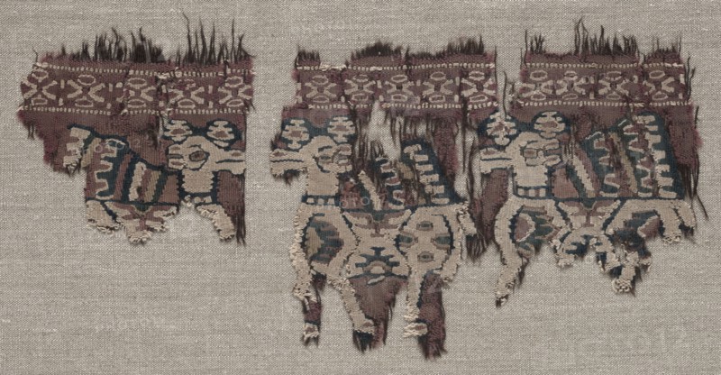 Two Mounted Fragments of a Border (from a Garment ?), late 700s - early 800s. Iran or Iraq, early Abbasid period, late 8th - early 9th century A.D.. Tapestry (originally inwoven in tabby ground); goat hair, wool and cotton; overall: 14.6 x 29.5 cm (5 3/4 x 11 5/8 in.)