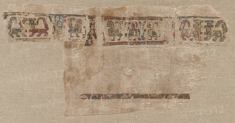 Fragment of a Tiraz-Style Textile, 1081 - 1094. Egypt, Fatimid period, latter part of Caliphate of al-Mustansir, c. AH 475-487 (A.D. 1081-1094). Tabby ground with inwoven tapestry ornament; linen and silk; overall: 21.6 x 43.8 cm (8 1/2 x 17 1/4 in.)