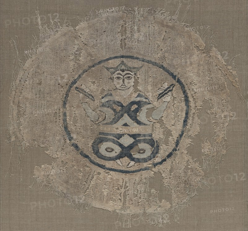 Roundel with seated prince, 1000s. Egypt, Fatimid period. Plain weave with inwoven tapestry weave: linen, silk, and gold filé; overall: 16.5 x 17.2 cm (6 1/2 x 6 3/4 in.)