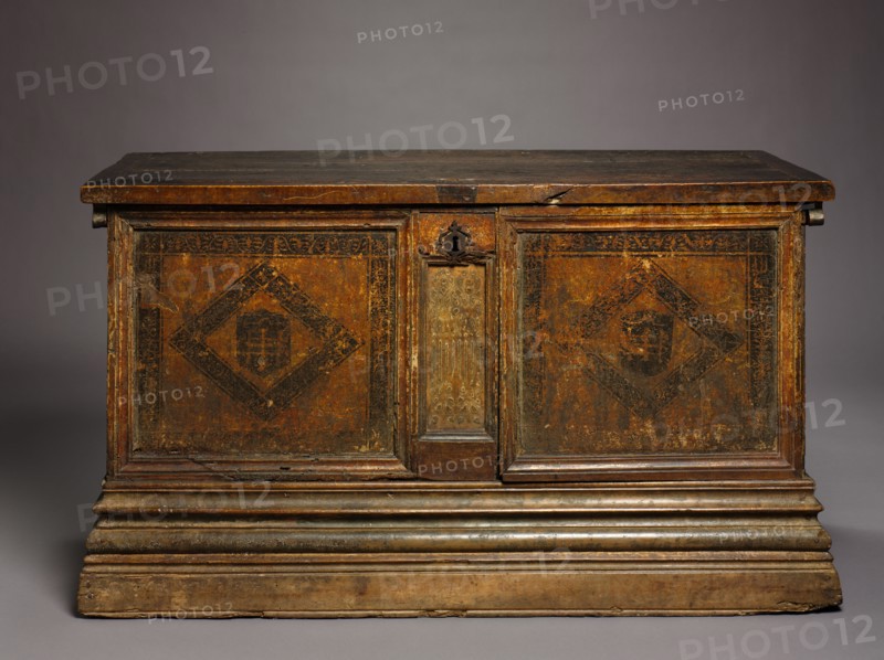 Gothic Marriage Chest, c. 1500-1525. Spain, Catalonia, Barcelona(?), 16th century. Wood with painting and gilding; overall: 73.2 x 136.5 x 54.8 cm (28 13/16 x 53 3/4 x 21 9/16 in.)