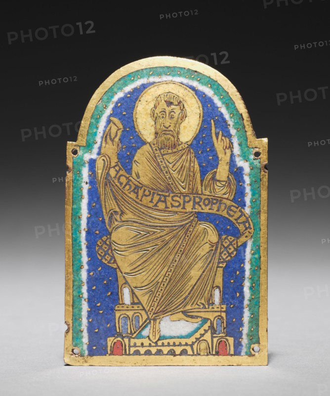 Plaque with Seated Prophet from a Reliquary Shrine: Achapias (Obadiah), c. 1170-1180. Germany, Lower Saxony, Hildesheim, Romanesque period, 12th century. Gilded copper, champlevé enamel; overall: 8.9 x 5.9 x 0.3 cm (3 1/2 x 2 5/16 x 1/8 in.).