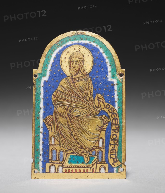 Plaque with Seated Prophet from a Reliquary Shrine: Osea (Hosea), c. 1170-1180. Germany, Lower Saxony, Hildesheim, Romanesque period, 12th century. Gilded copper, champlevé enamel; overall: 9 x 5.9 x 0.3 cm (3 9/16 x 2 5/16 x 1/8 in.).