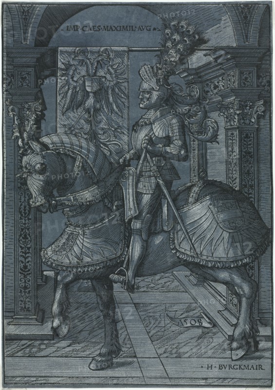 Equestrian Portrait of the Emperor Maximilian, 1508. Hans Burgkmair (German, 1473-1531). Woodcut, in black and white on paper washed blue; sheet: 32.3 x 22.7 cm (12 11/16 x 8 15/16 in.).