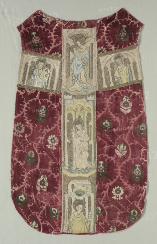Chasuble Back with Embroidered Orphrey Band, 1415-1425. Italy (chasuble ground); Austria, Graz (orphrey). Polychrome velvet: cut pile and voided; Embroidery: silk, gold and silver thread; split and couching stitches; overall: 119.4 x 74.9 cm (47 x 29 1/2 in.).