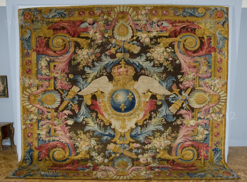 Louis XV Savonnerie Carpet with Royal Arms, c. 1740-1750. Royal Savonnerie Manufactory, Chaillot Workshops (French, est. 1627), Pierre Josse Perrot (French). Savonnerie knotted pile (symmetrical ruf knot), wool, hemp; overall: 546 x 615.6 cm (214 15/16 x 242 3/8 in.).