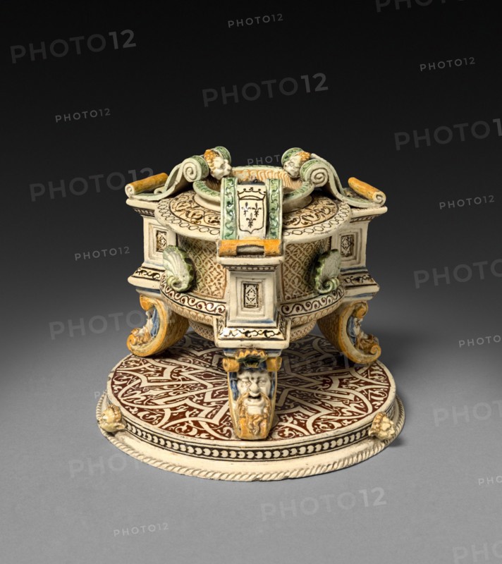 Salt Cellar, 1800s. After Saint-Porchaire (French). White earthenware with inlaid decoration; diameter of base: 10.9 x 12.7 cm (4 5/16 x 5 in.).