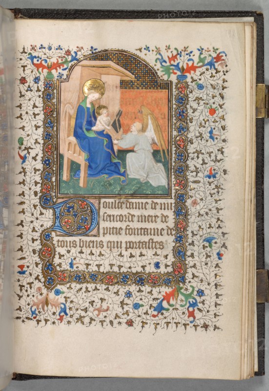 Book of Hours (Use of Paris): Fol. 198r, Madonna and Child with Angel, c. 1420. Possibly studio or workshop of The Bedford Master (French, Paris, active c. 1405-30). Ink, tempera, and gold on vellum; codex: 18.4 x 13.3 cm (7 1/4 x 5 1/4 in.)
