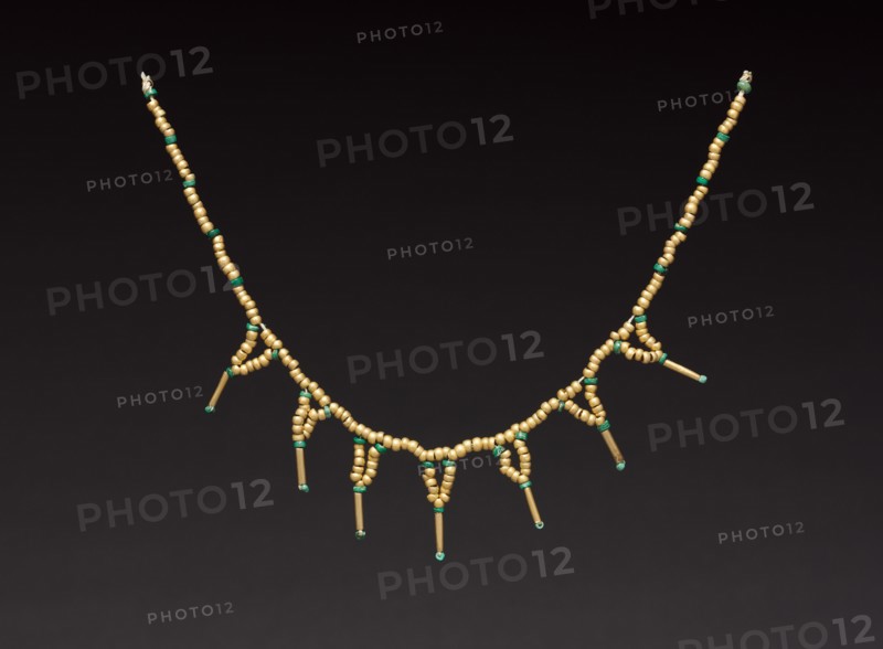 Beads Strung as a Necklace, c. 400-500. Central Panama, (Sitio Conte?), Conte Style, 5th century. Gold and turquoise; overall: 33.8 cm (13 5/16 in.).