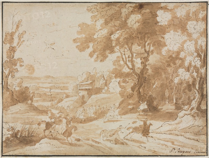 Landscape with Horsemen, 1600s. Flanders, 17th century. Pen and brown ink and brush and brown wash over traces of graphite; framing lines in black ink; sheet: 15.2 x 20.2 cm (6 x 7 15/16 in.); secondary support: 25 x 32.5 cm (9 13/16 x 12 13/16 in.).
