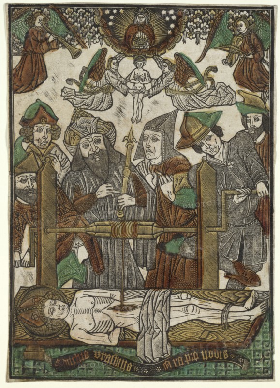 The Martyrdom of St. Erasmus, c. 1480. Master of the Bergwolken (German). Dotted print with hand coloring
