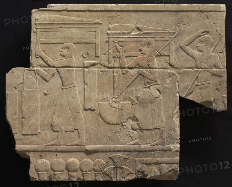 Men Bearing Tomb Equipment, 667-647 BC. Egypt, Thebes, Late Period, Late Dynasty 25 to Early Dynasty 26. Limestone; overall: 47 x 57.9 cm (18 1/2 x 22 13/16 in.).