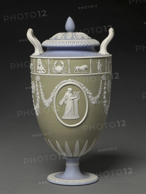Covered Urn, c. 1900. Wedgwood Factory (British). Jasper ware with relief decoration; overall: 29.9 cm (11 3/4 in.).